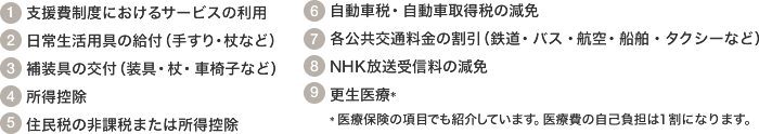 身体障害者手帳が交付されると以下のような援護措置を受けることができます。
