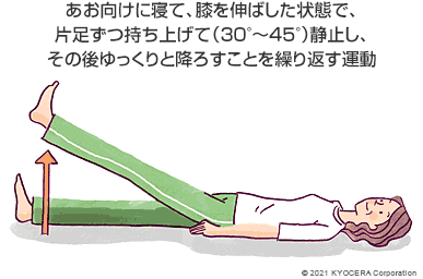 あお向けに寝て、膝を伸ばした状態で、片足ずつ持ち上げて（30°～45°）静止し、その後ゆっくりと降ろすことを繰り返す運動